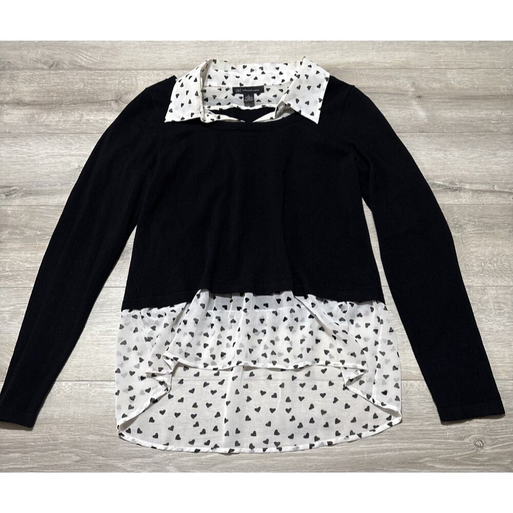 Inc. International Concepts Hi-Lo Layered Sweater Chiffon Hearts Black White L